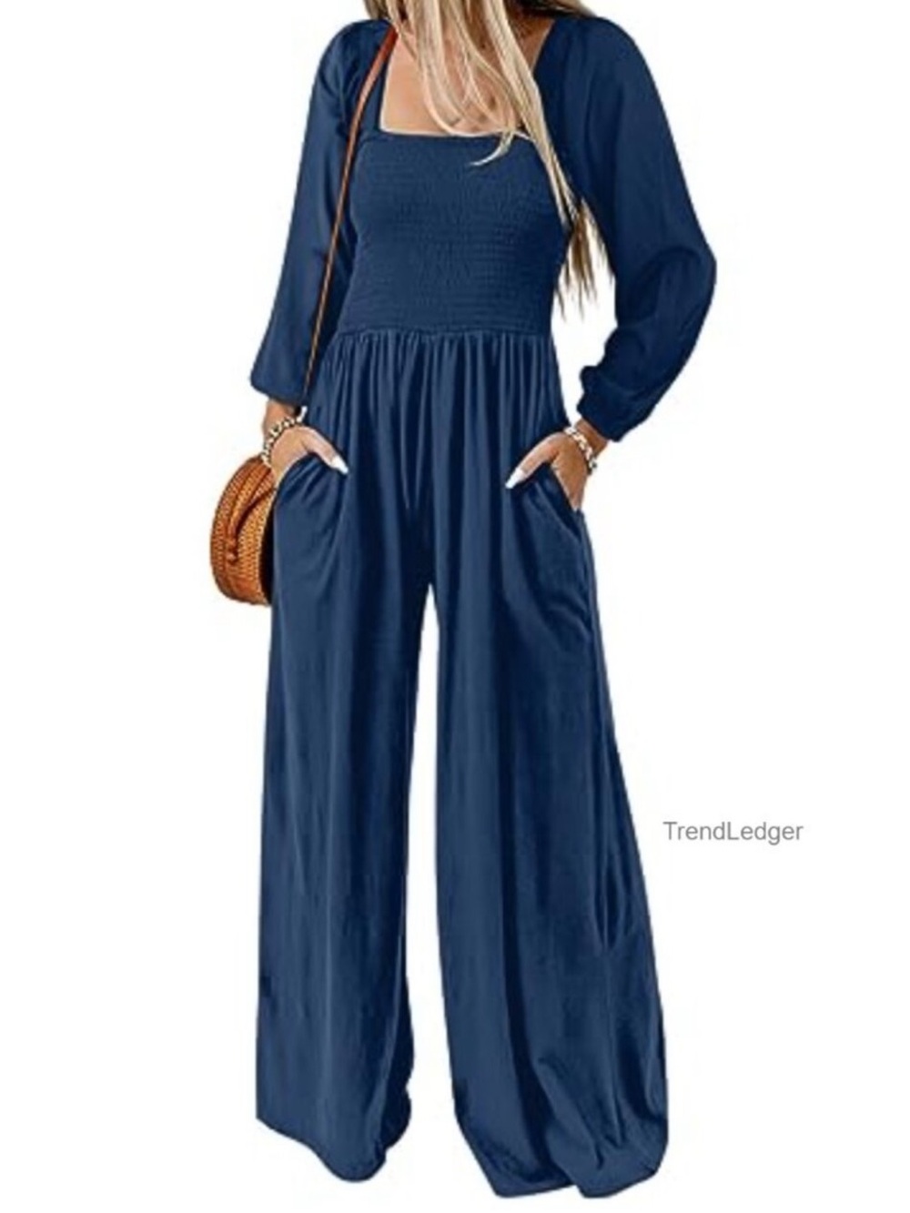 Smocked Square-Neck Navy Long-Sleeve Wide-Leg Jumpsuit no Pockets